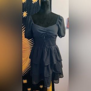 BLACK TRIPLE-TIER CHIFFON MINI DRESS